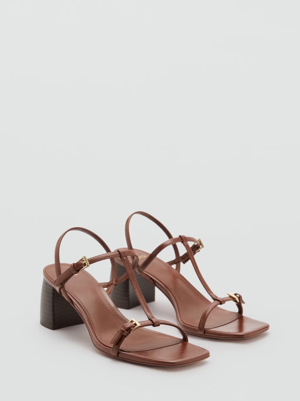 Mango Brown T-Strap Block Heel Sandal